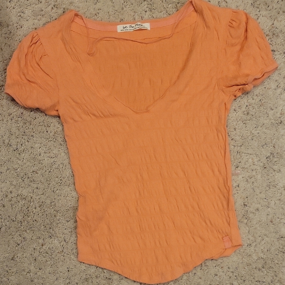 Free People Orange Puff Sleeve Fitted Blouse